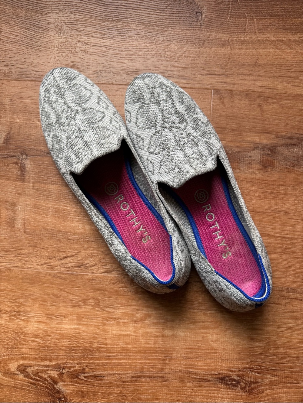 Rothy's Grey Snake-Print Slip-On Flats with Pink Insole